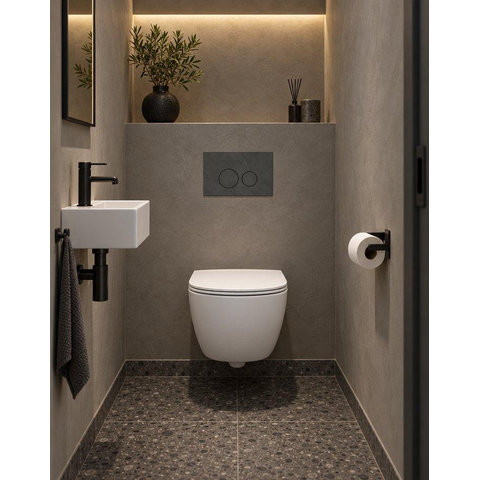 QeramiQ Dely Swirl Compact Toiletset - inbouwreservoir QeramiQ flush - slim zitting - marmeren bedieningsplaat donker - ronde knoppen - mat wit SW1590798