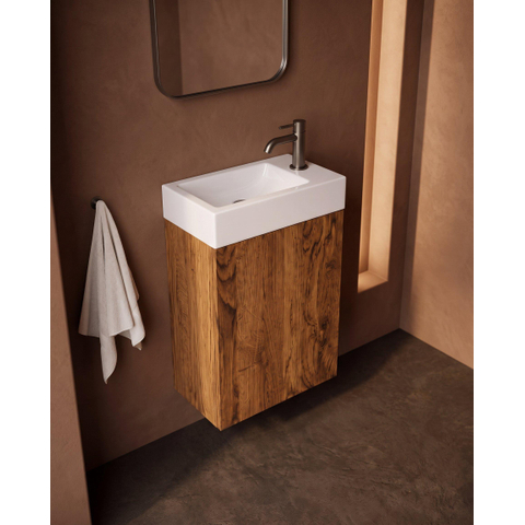 Saniclass Holz Pure Ensemble de meuble WC - 40x60.5cm - 1 porte - lave-mains céramique - trou de robinet à droite - walnut pure SW1577755