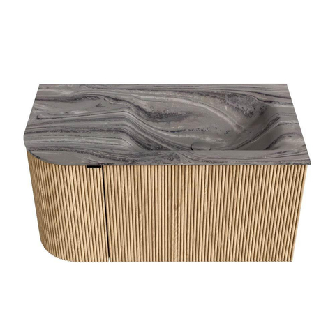 MONDIAZ KURVE-DLUX Meuble de salle de bains 85cm arrondi à gauche couleur Oak avec 1 tiroir et 1 porte. Lavabo CLOUD à droite 1 trou de robinet Sombra. SW1433536