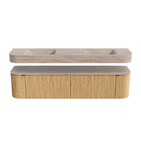 MONDIAZ THOR-DLUX Meuble de salle de bains - 190cm - arrondi gauche + droite - couleur Oak - 2 tiroirs et 2 portes - Vasque suspendue CLOUD Double sans trou de robinet - couleur Saba SW1466661