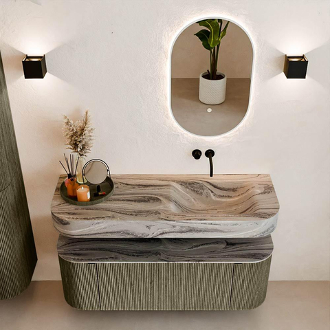 MONDIAZ THOR-DLUX 130cm meuble de salle de bains arrondi gauche + droite couleur Shadow avec 1 tiroir et 2 portes. Vasque suspendue CLOUD droite sans trou de robinet couleur Sombra. SW1463950