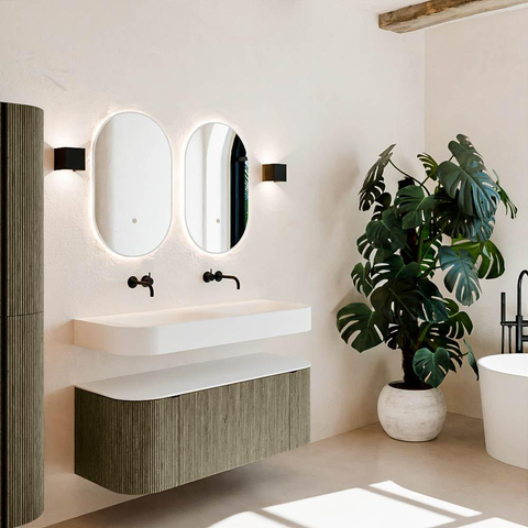 MONDIAZ THOR 120cm meuble de salle de bains arrondi gauche + droite couleur Shadow avec 1 tiroir et 2 portes. Vasque suspendue CLOUD Double sans trou de robinet couleur Talc. SW1463152