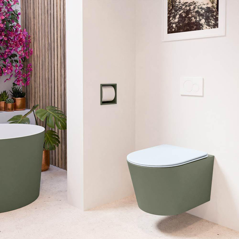 Mondiaz LAVIE hangtoilet – spoelrandloos – 36 x 53 cm – met softclose zitting – Army (groen), zitting Clay (lichtblauw/grijs) SW1208583