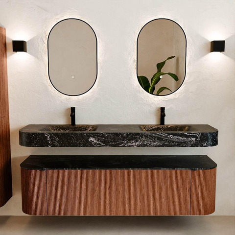 MONDIAZ THOR-DLUX 170cm meuble de salle de bains arrondi gauche + droite couleur Ruby avec 1 tiroir et 2 portes. Vasque suspendue CLOUD Double 2 trous de robinet couleur Lava. SW1465501