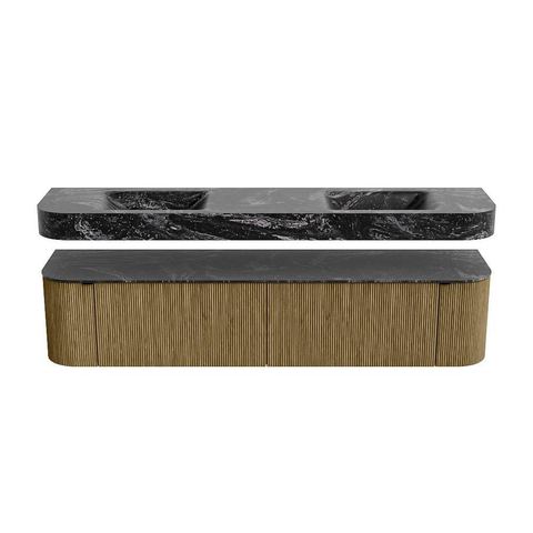 MONDIAZ THOR-DLUX Meuble de salle de bains - 200cm - arrondi gauche + droite - couleur Dusk - 2 tiroirs - 2 portes - Vasque suspendue CLOUD Double sans trou de robinet - couleur Lava SW1466864