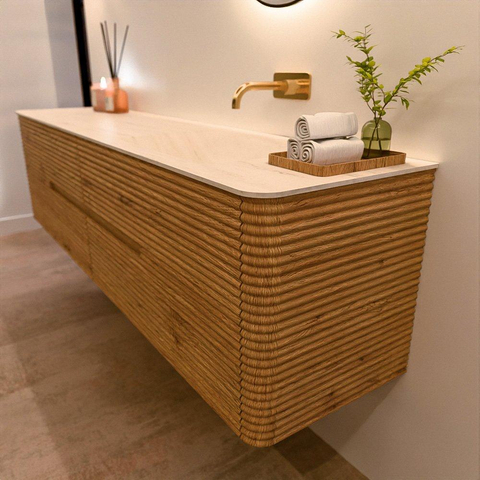 Mondiaz CIRO-DLUX Ensemble de meubles de salle de bains - 190x45x50cm - lavabo solid surface Meli - 1 vasque à droite - sans trous de robinet - 4 tiroirs - Chêne SW1531449