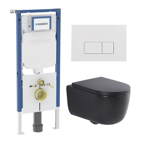 QeramiQ Dely Swirl Pack WC - 36,3x51,7cm - réservoir encastré Geberit UP720 Duofix Sigma - assise 35mm - plaque de déclenchement blanche brillante - boutons rectangulaires - noir mat SW1413938