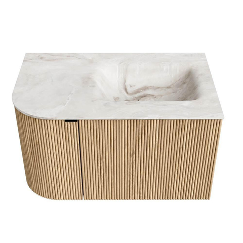 MONDIAZ KURVE-DLUX meuble de salle de bains 75 cm avec module 25 L couleur Oak avec 1 tiroir et 1 porte. Lavabo GRUNNE à droite 1 trou de robinet couleur Frappe. SW1137308
