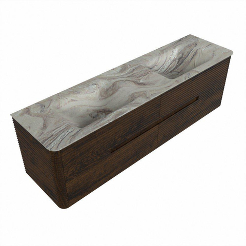 Mondiaz CIRO-DLUX Badkamermeubelset - 170x45x50cm - Solid surface wastafel Glace - 2 wasbak Dubbel - 2 kraangaten - 4 lades - Walnut SW1530273