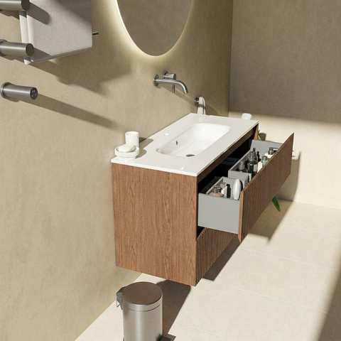 Saniclass Holz Atelier Ensemble de meubles de salle de bains - 100x45x73.9cm - lavabo en céramique Chaci blanc - 1 vasque - sans trou de robinet - 2 tiroirs - noyer pure mat (bois) SW1478811