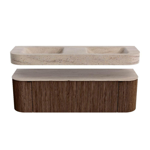MONDIAZ THOR-DLUX 150cm badmeubel ronding links + rechts kleur Walnut met 1 lade en 2 deuren. Vrijhangende wastafel CLOUD Dubbel 2 kraangaten kleur Saba. SW1465061
