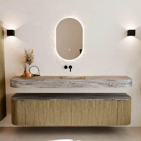 MONDIAZ THOR-DLUX Meuble de salle de bains 190cm arrondi gauche + droite couleur Dusk avec 2 tiroirs et 2 portes. Vasque suspendue CLOUD Milieu sans trou de robinet couleur Oza. SW1466810