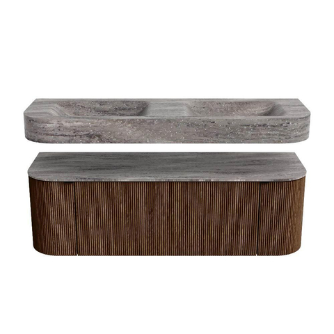 MONDIAZ THOR-DLUX 140cm badmeubel ronding links + rechts kleur Walnut met 1 lade en 2 deuren. Vrijhangende wastafel CLOUD Dubbel 2 kraangaten kleur Oza. SW1464306