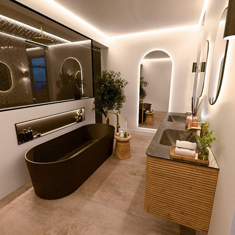 Mondiaz CIRO-DLUX Ensemble de meubles de salle de bains - 180x45x50cm - lavabo en solid surface Lava - 2 vasques double - 2 trous de robinet - 4 tiroirs - Chêne SW1531118