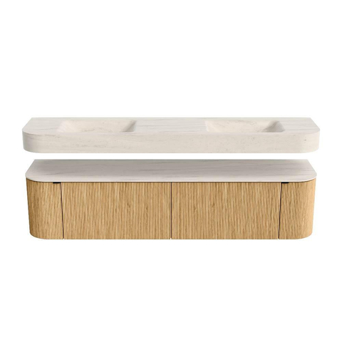 MONDIAZ THOR-DLUX Meuble de salle de bains - 190cm - arrondi gauche + droite - couleur Oak - 2 tiroirs et 2 portes - Vasque suspendue CLOUD Double sans trou de robinet - couleur Meli SW1466629