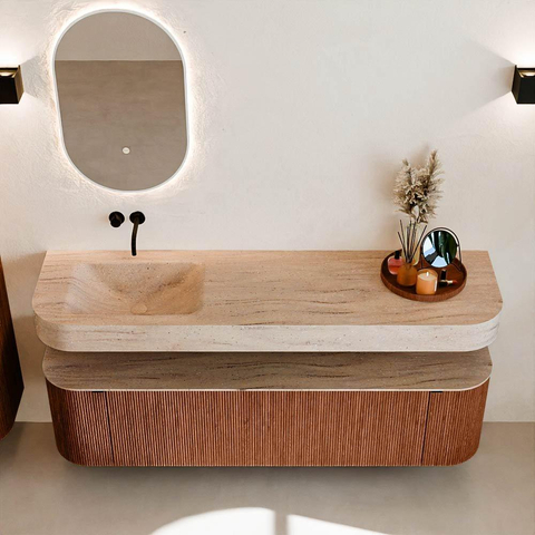 MONDIAZ THOR-DLUX 170cm meuble de salle de bains arrondi gauche + droite couleur Ruby avec 1 tiroir et 2 portes. Vasque suspendue CLOUD Gauche sans trou de robinet couleur Saba. SW1465729