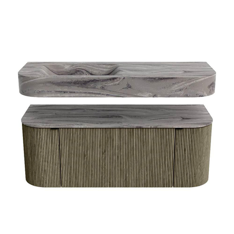 MONDIAZ THOR-DLUX 120cm meuble de salle de bains arrondi gauche + droite couleur Shadow avec 1 tiroir et 2 portes. Vasque suspendue CLOUD Gauche 1 trou de robinet couleur Sombra. SW1463665