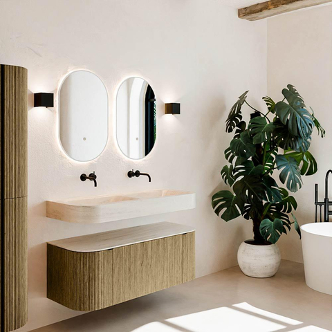 MONDIAZ THOR-DLUX 120cm meuble de salle de bains arrondi gauche + droite couleur Dusk avec 1 tiroir et 2 portes. Vasque suspendue CLOUD Double sans trou de robinet couleur Meli. SW1463324