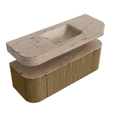 MONDIAZ THOR-DLUX 130cm meuble de salle de bains arrondi gauche + droite couleur Dusk avec 1 tiroir et 2 portes. Vasque suspendue CLOUD Milieu sans trou de robinet couleur Arena. SW1463785