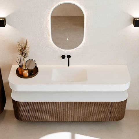 MONDIAZ THOR 170cm badmeubel ronding links + rechts kleur Walnut met 1 lade en 2 deuren. Vrijhangende wastafel CLOUD Midden zonder kraangat kleur Talc. SW1465571
