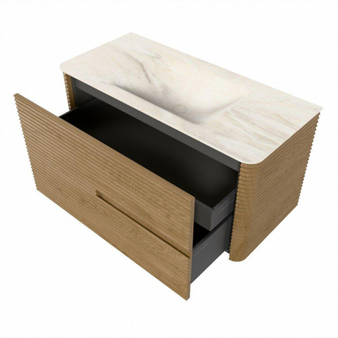 Mondiaz CIRO-DLUX Badkamermeubelset - 100x45x50cm - Solid surface wastafel Ostra - 1 wasbak Midden - 1 kraangat - 2 lades - Oak SW1530923