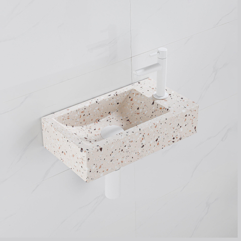 FugaFlow Eccelente Pietra Ensemble de fontaine - 40x22x10cm - trou de robinet à droite - robinet de fontaine mat blanc - bouchon de vidange - siphon abaissé - mat beige SW1468977