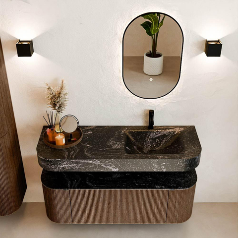 MONDIAZ THOR-DLUX 130cm meuble de salle de bains arrondi gauche + droite couleur Walnut avec 1 tiroir et 2 portes. Vasque suspendue CLOUD Droite 1 trou de robinet couleur Lava. SW1463561