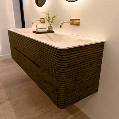 Mondiaz CIRO-DLUX Badkamermeubelset - 160x45x50cm - Solid surface wastafel Frappe - 2 wasbak Dubbel - zonder kraangaten - 4 lades - Shadow SW1532170