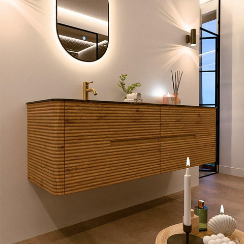 Mondiaz CIRO-DLUX Meuble de salle de bains - 160x45x50cm - Plan vasque solid surface Lava - 1 lavabo à gauche - 1 trou de robinet - 4 tiroirs - Chêne SW1530963