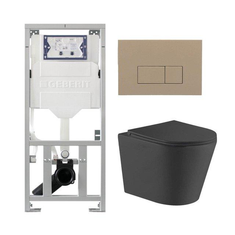 QeramiQ Dely Toiletset - 36.3x51.7cm - diepspoel - rimless - Geberit UP320 inbouwreservoir - met Burda frame - softclose toiletzitting - bedieningsplaat taupe - rechtehoekige knoppen - mat zwart (wit) SW1164224