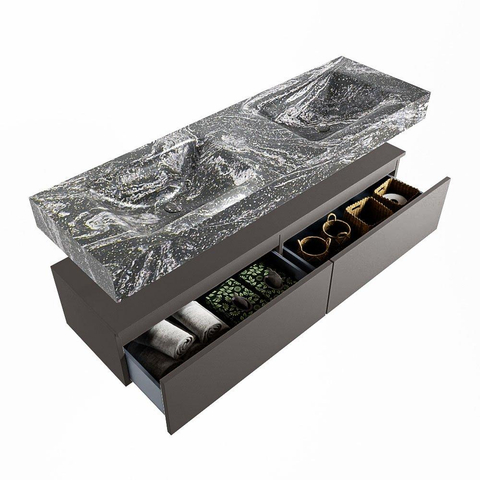Mondiaz ALAN-DLUX Ensemble de meuble - 150cm - meuble Dark grey mat - 2 tiroirs - Lavabo Cloud Lava suspendu - vasque Gauche et droite - 2 trous de robinet SW808145