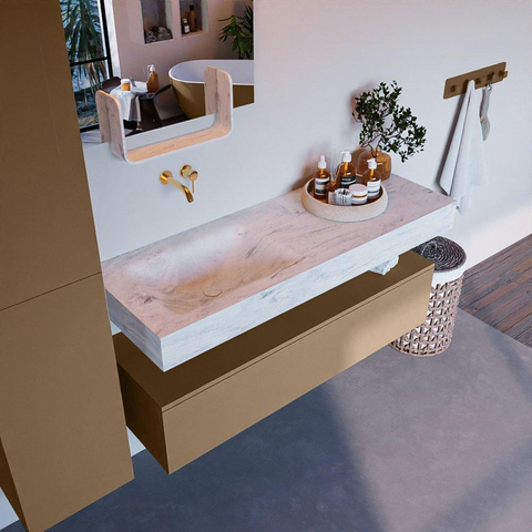 Mondiaz ALAN-DLUX Ensemble de meuble - 130cm - meuble Oro mat - 1 tiroir - Lavabo Cloud Opalo suspendu - vasque Gauche - 0 trous de robinet SW807002