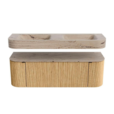 MONDIAZ THOR-DLUX 140cm badmeubel ronding links + rechts kleur Oak met 1 lade en 2 deuren. Vrijhangende wastafel CLOUD Dubbel 2 kraangaten kleur Arena. SW1464391