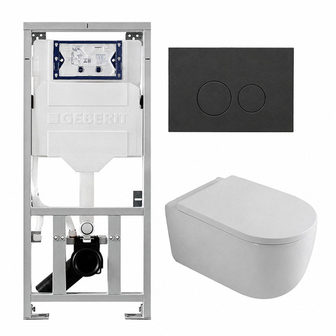 QeramiQ Dely Swirl Ensemble de toilettes - 36.3x51.7cm - réservoir encastré Geberit UP320 - avec cadre Burda - abattant 35mm - plaque de commande anthracite mat - boutons ronds - blanc brillant SW1164778