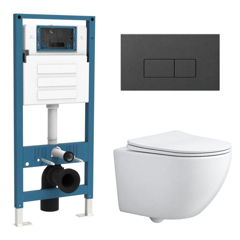 QeramiQ Dely Swirl Compact Toiletset - inbouwreservoir QeramiQ flush - slim zitting - kunststof bedieningsplaat mat antraciet - rechthoekige knoppen - mat wit SW1590795