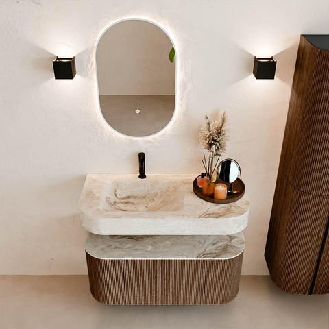 MONDIAZ THOR-DLUX Meuble de salle de bains 100cm arrondi gauche + droite couleur Walnut avec 1 tiroir et 2 portes. Vasque suspendue CLOUD Gauche 1 trou de robinet couleur Frappe. SW1467333