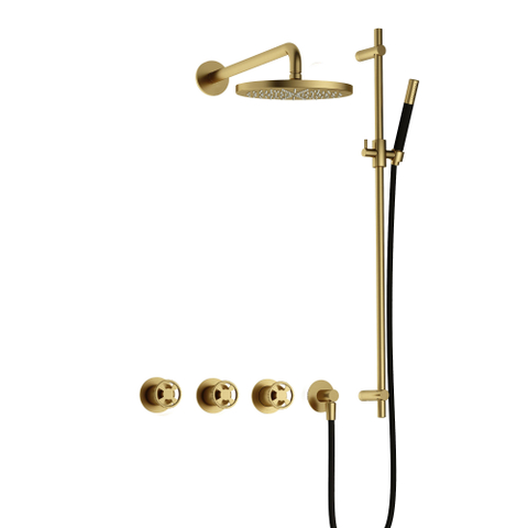 Hotbath Cobber IBSW70 Ensemble de douche de tête encastré - bras de paroi 38,5 cm - douche de tête ronde 20 cm - douchette à main barre - barre de douche - Laiton brossé PVD SW677722