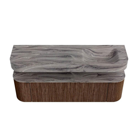 MONDIAZ THOR-DLUX 160cm meuble de salle de bains arrondi gauche + droite couleur Walnut avec 1 tiroir et 2 portes. Vasque suspendue CLOUD Droite 1 trou de robinet couleur Sombra. SW1465377