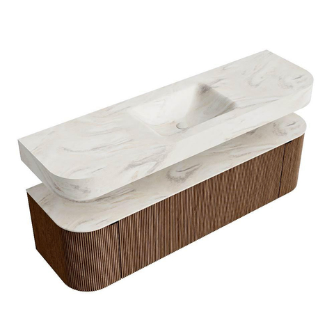 MONDIAZ THOR-DLUX 160cm meuble de salle de bains arrondi gauche + droite couleur Walnut avec 1 tiroir et 2 portes. Vasque suspendue CLOUD Milieu 1 trou de robinet couleur Ostra. SW1465035