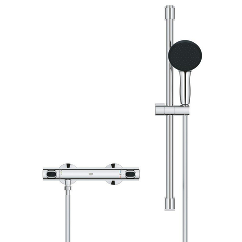 GROHE Precision Flow Ensemble de douche - robinet de douche thermostatique - avec ensemble barre de douche - 60cm - douchette à main ronde - 1 jet - flexible de douche lisse - chromé SW1028113