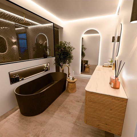 Mondiaz CIRO-DLUX Meuble de salle de bains - 180x45x50cm - lavabo solid surface Meli - 1 vasque à gauche - 1 trou de robinet - 4 tiroirs - Chêne SW1531427