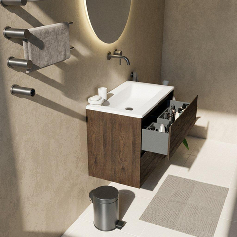 Saniclass Holz Pure Badkamermeubelset - 80x45x77.5cm - Torino solid surface wastafel wit - zonder kraangat - 2 lades - mat eiken charcoal (hout) SW1478660