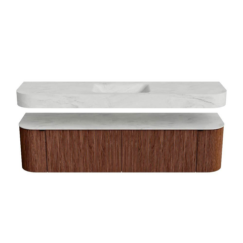 MONDIAZ THOR-DLUX 180cm badmeubel ronding links + rechts kleur Ruby met 2 lades en 2 deuren. Vrijhangende wastafel CLOUD Midden zonder kraangat kleur Opalo. SW1466039