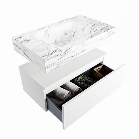 Mondiaz ALAN-DLUX Ensemble de meuble - 80cm - meuble Talc mat - 1 tiroir - Lavabo Cloud Glace suspendu - vasque Centre - 0 trous de robinet SW804810