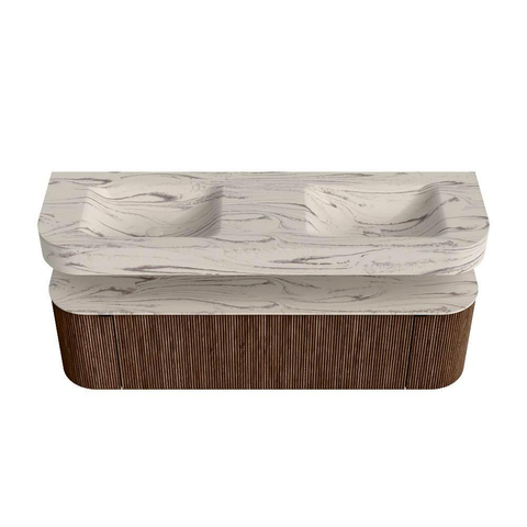 MONDIAZ THOR-DLUX 160cm meuble de salle de bains arrondi gauche + droite couleur Walnut avec 1 tiroir et 2 portes. Vasque suspendue CLOUD Double sans trou de robinet couleur Nata. SW1465273
