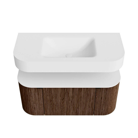 MONDIAZ THOR 100cm meuble de salle de bains arrondi gauche + droite couleur Walnut avec 1 tiroir et 2 portes. Vasque suspendue CLOUD Milieu 1 trou de robinet couleur Talc. SW1467721