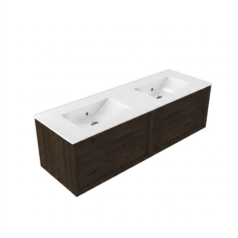 Saniclass Holz Frame Meuble de salle de bain - 140x45x40cm - lavabo en céramique blanc - 2 vasques - 2 trous de robinet - 2 tiroirs - Charcoal SW1437756