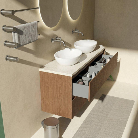 Saniclass Holz Atelier Badkamermeubelset - 140x45x63cm - Travertine natuurstenen topblad - zonder kraangat - 4 lades - mat walnut pure (hout) SW1478893