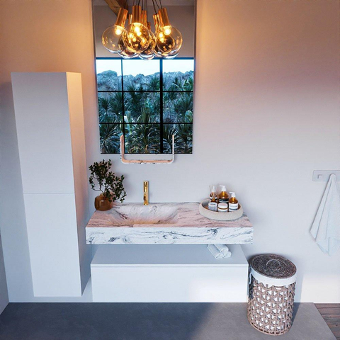 Mondiaz ALAN-DLUX Ensemble de meuble - 110cm - meuble Talc mat - 1 tiroir - Lavabo Cloud Glace suspendu - vasque Gauche - 1 trou de robinet SW805095