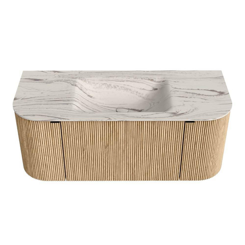 MONDIAZ KURVE-DLUX Meuble de salle de bains 110cm arrondi gauche + droite couleur Chêne avec 1 tiroir et 2 portes. Lavabo CLOUD central 1 trou de robinet Nata. SW1432072